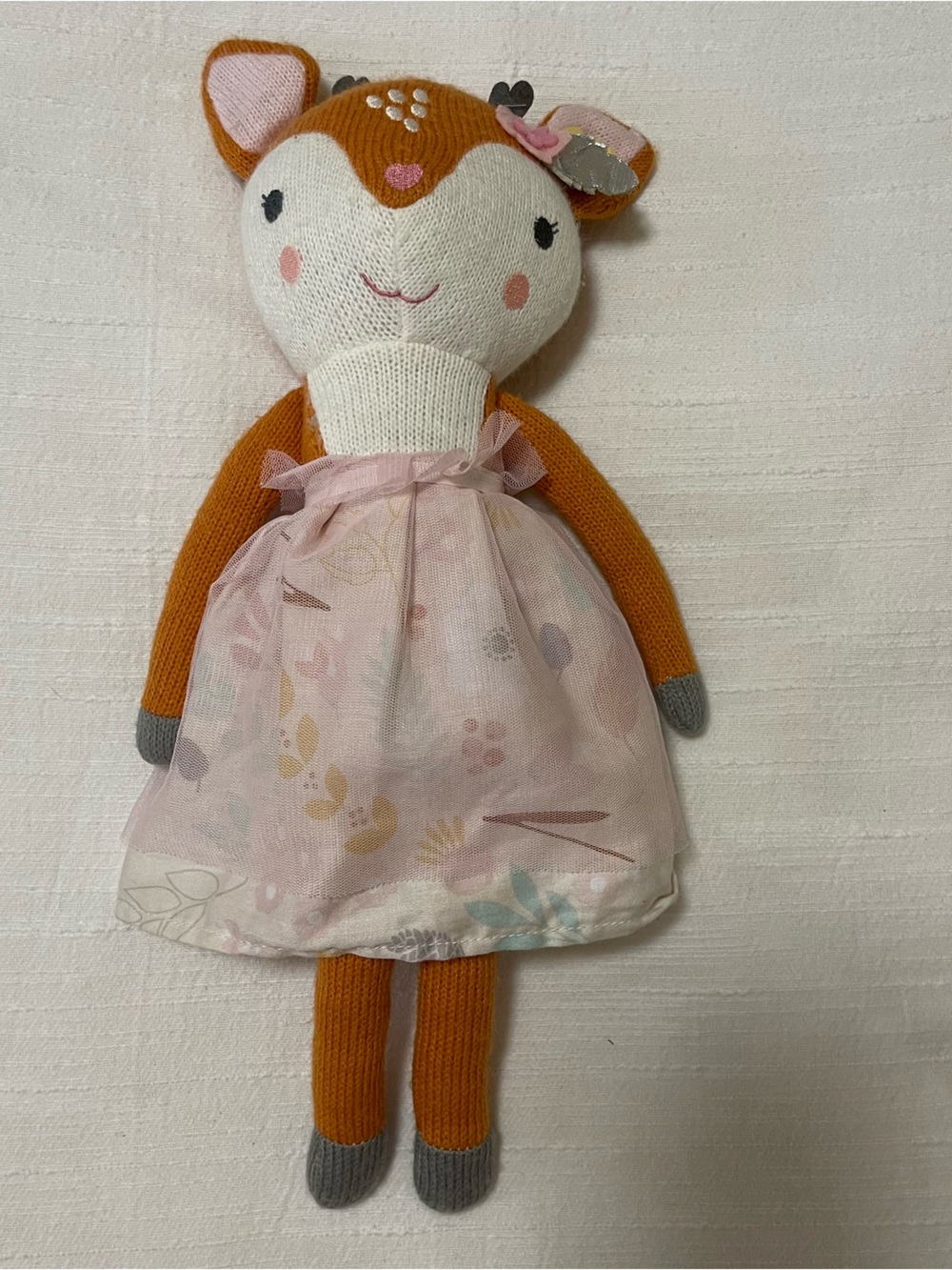 Knitted Deer Plush Doll in Pink Dress - Orange & Cream